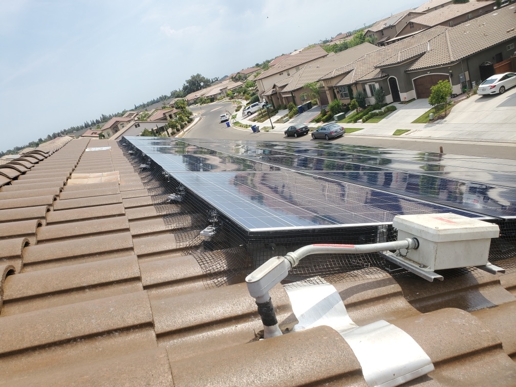 Rooftop solar array with critter guard bird deterrent mesh installed around the panels