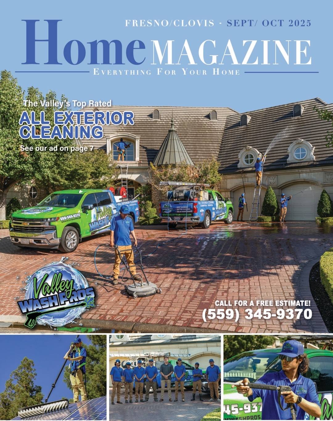 Valley Wash Pros featured on the cover of Fresno and Clovis Home Magazine with the crew and trucks